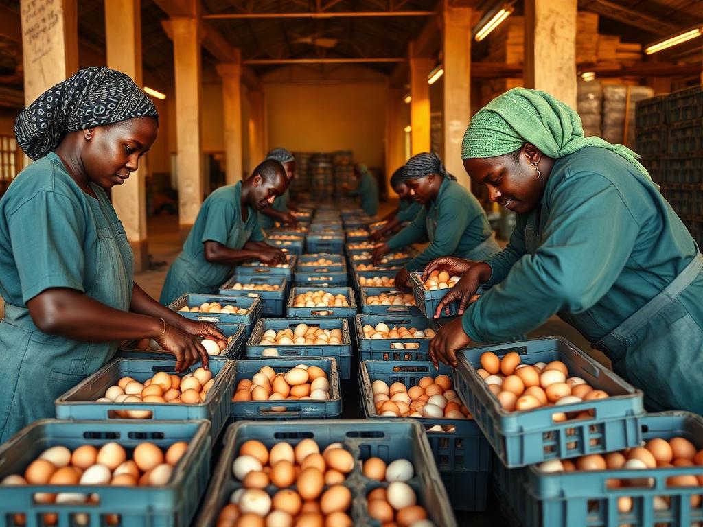 Farm team packing fresh eggs into crates