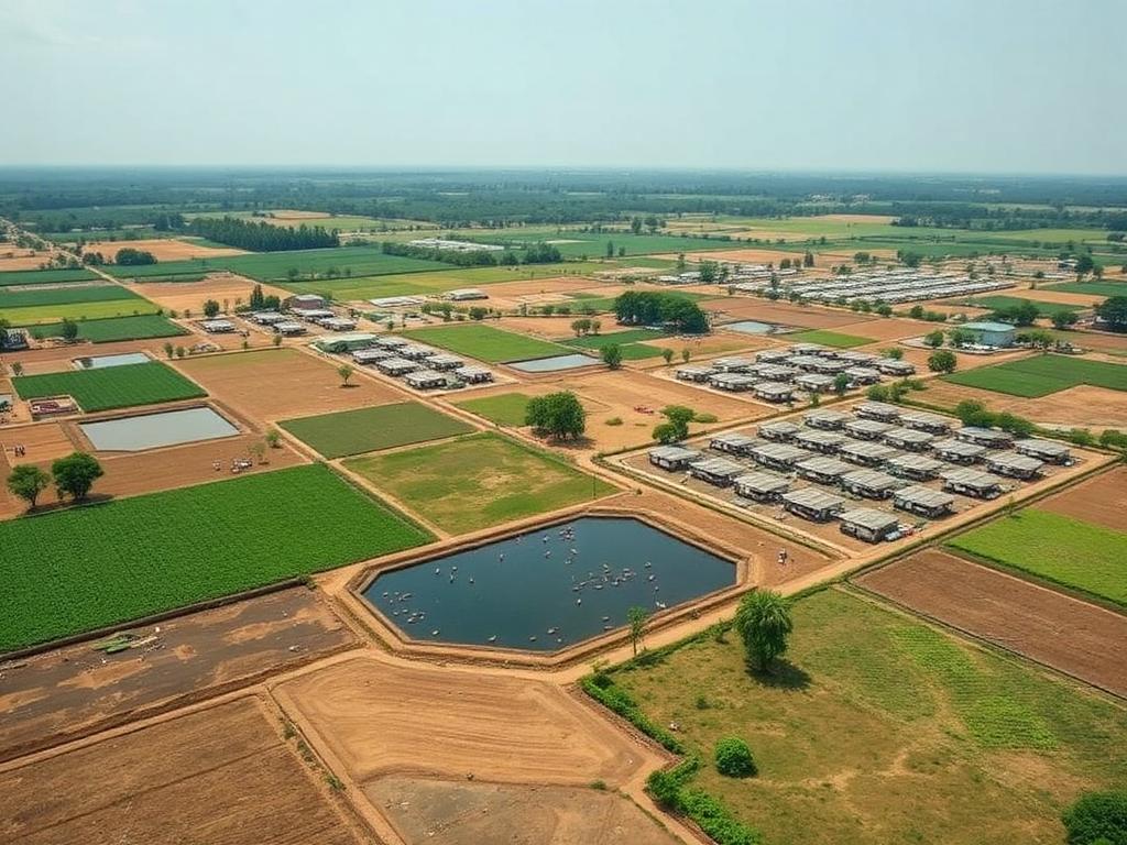 Aerial view of farmland with fish ponds and poultry sheds
